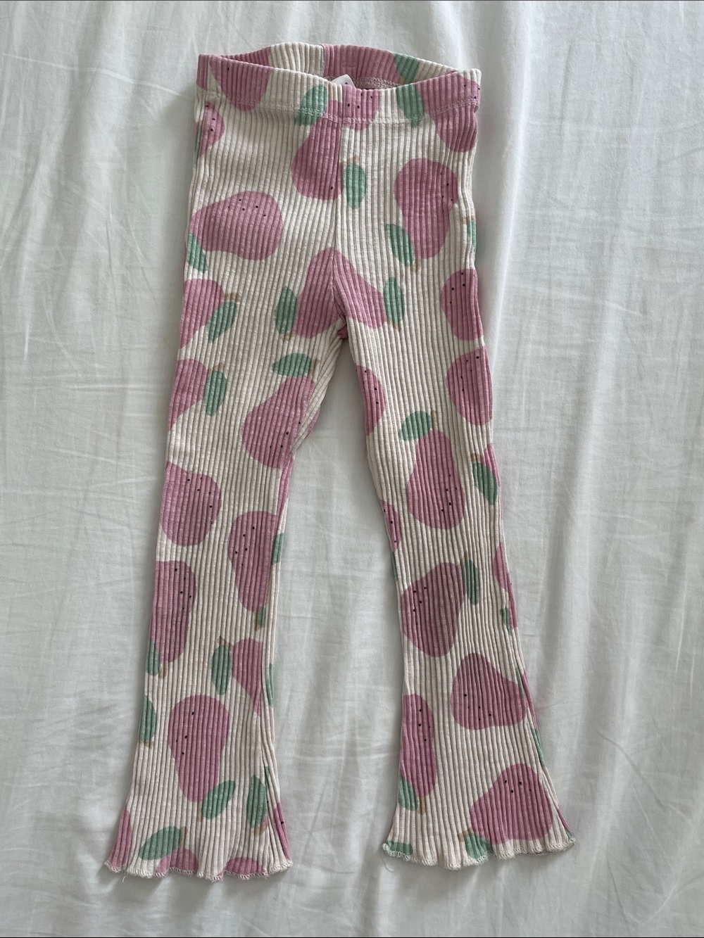 Zara Girls Ribbed Pink Pear Print Flare Leggings Size 3Y